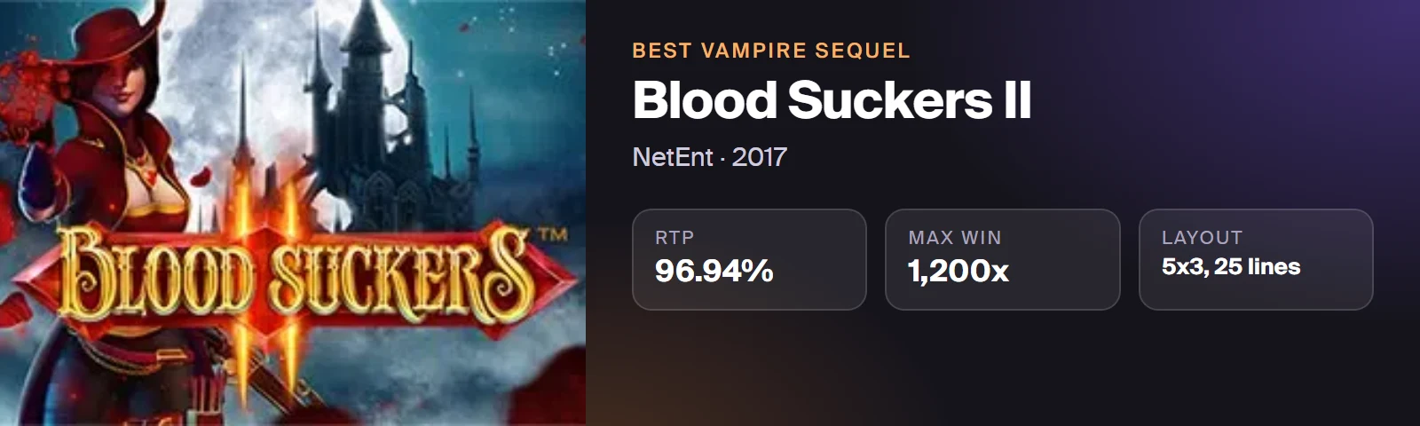 Blood Suckers II by NetEnt: 96.94% RTP, maximum win 1,200x
