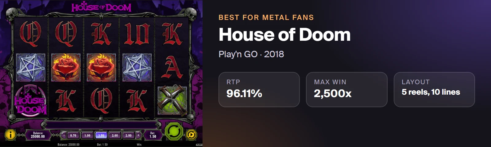 House of Doom by Play'n GO: 96.11% RTP, maximum win 2,500x