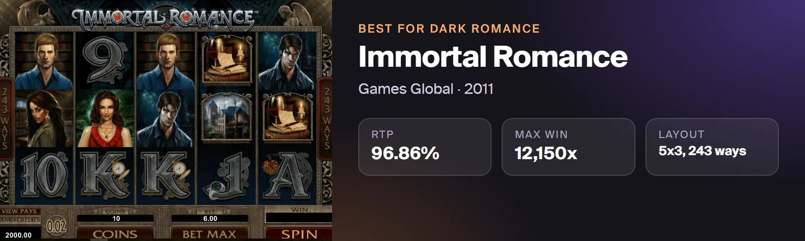Immortal Romance by Games Global: 96.86% RTP, maximum win 12,150x