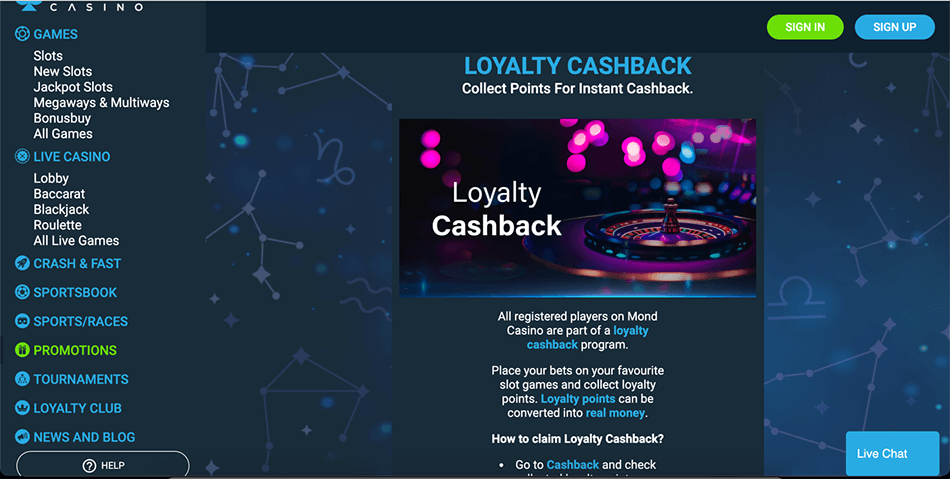 mond casino Loyalty Cashback