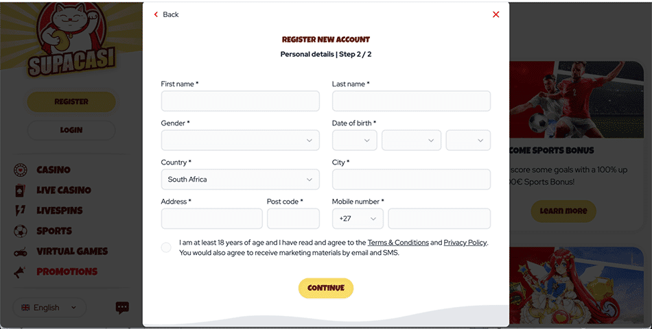 Supacasi Casino Validate your details