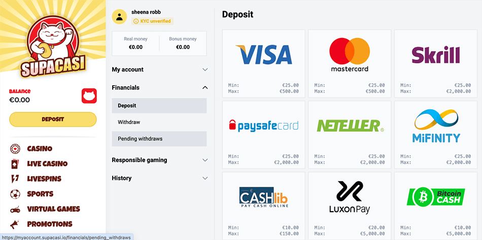 Supacasi Casino player account